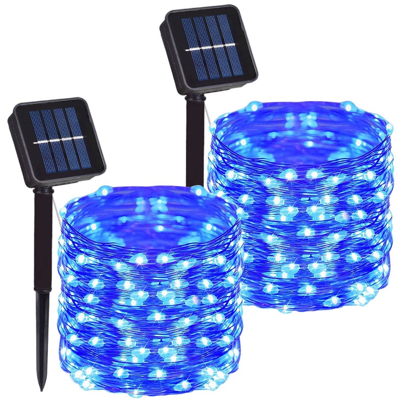 DAYLIGHTIR 2 Pack Total 200 LED 66FT Solar Powered Copper Wire String Lights Outdoor, Waterproof, 8 Modes Fairy Lights for Garden, Patio, Party, Yard, Christmas (Blue) - Image 1